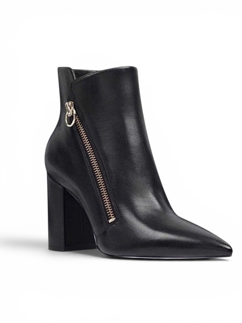 NINE WEST RUSSITY BLACK LEATHER POINTED TOE ASYMMETRIC ZIP ANKLE BOOTS BOOTIES